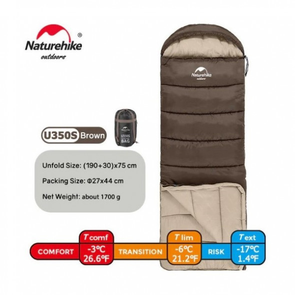 Спальный мешок Naturehike U350S (Правый), коричневый в Хабаровске